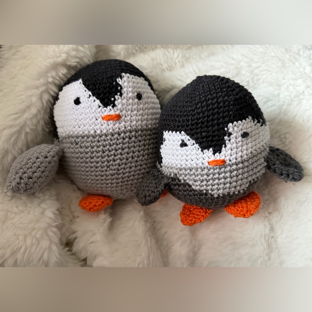 Handmade Gray & Black Crochet Penguin Plush Toy with Orange Feet